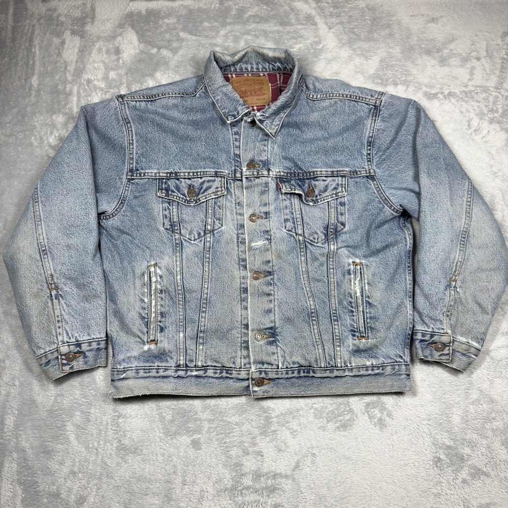 Vintage Levis Jacket Mens Medium Blue Denim Plaid Lined Trucker Distressed 90s‎